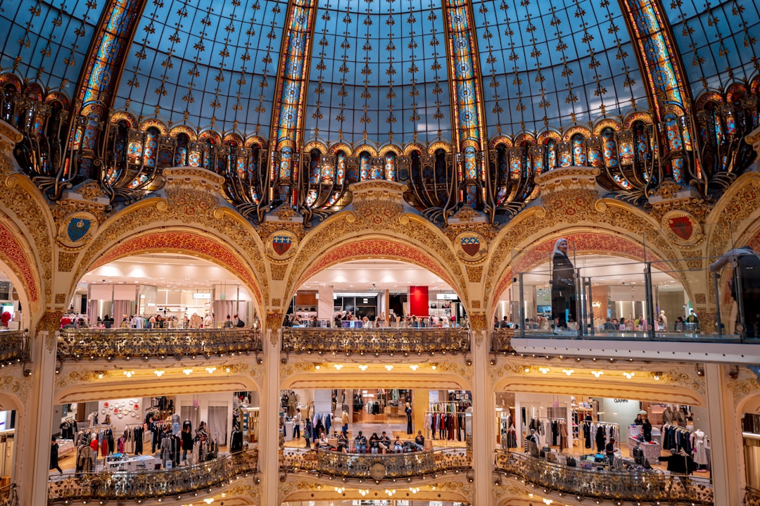 The inside of a building with a glass ceiling